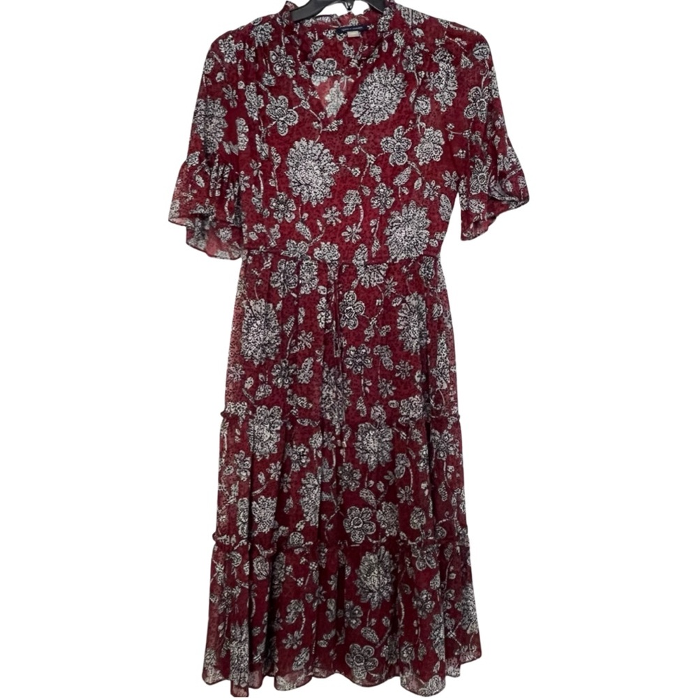 Tommy Hilfiger Burgundy Floral Midi‎ Dress Women's Size 6